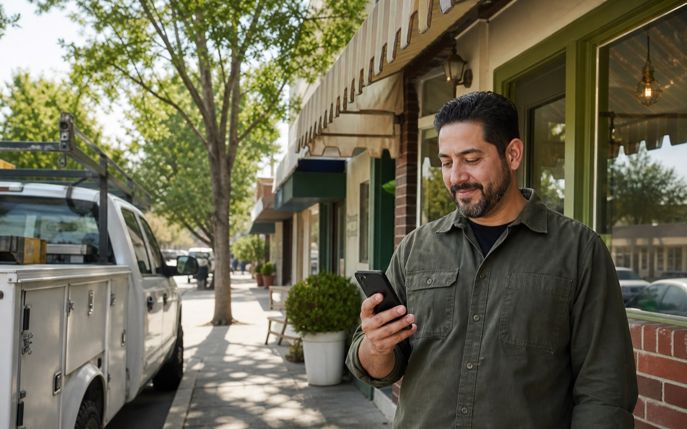 Local business owner reviewing a new customer inquiry
