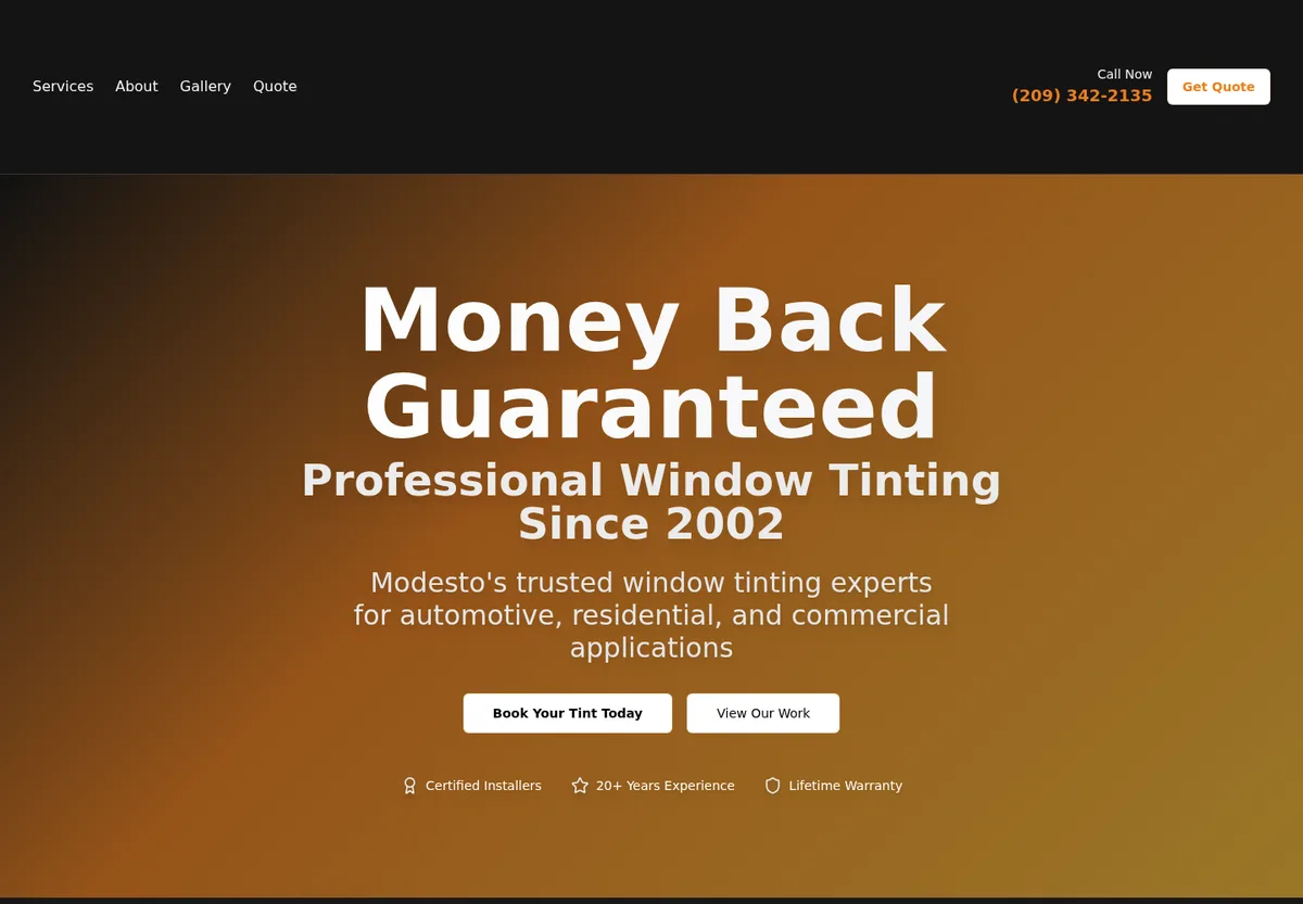 Modesto Window Tinting website homepage